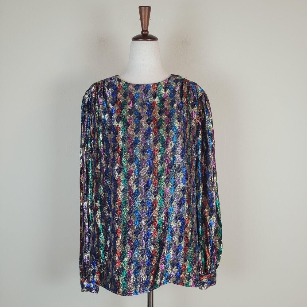VTG Lloyd Williams Blouse 12 Multicolor Metallic Disco Glam Sparkle Art Deco 80s